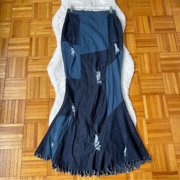 TOUCH ME Skirt Patchwork Denim Maxi  Mermaid Fit Flare Size large - Picture 1 of 11